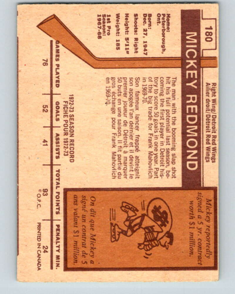 1973-74 O-Pee-Chee #180 Mickey Redmond  Detroit Red Wings  V8504