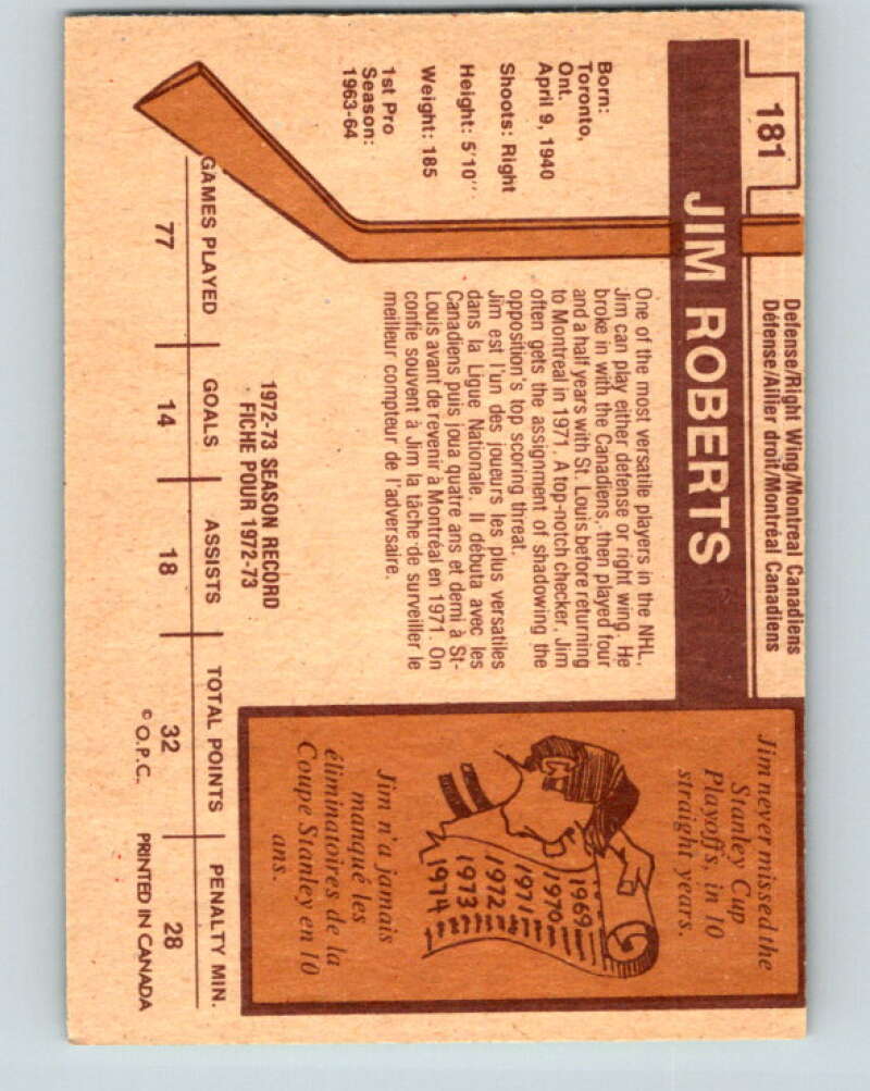 1973-74 O-Pee-Chee #181 Jim Roberts  Montreal Canadiens  V8506