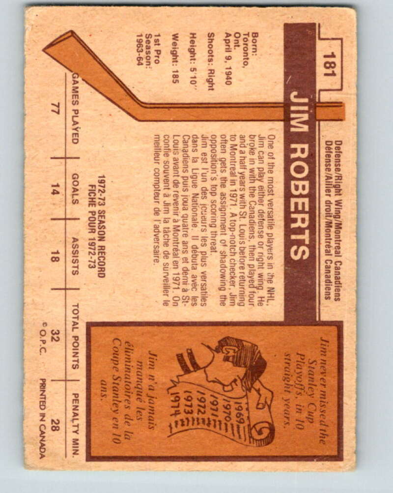 1973-74 O-Pee-Chee #181 Jim Roberts  Montreal Canadiens  V8507