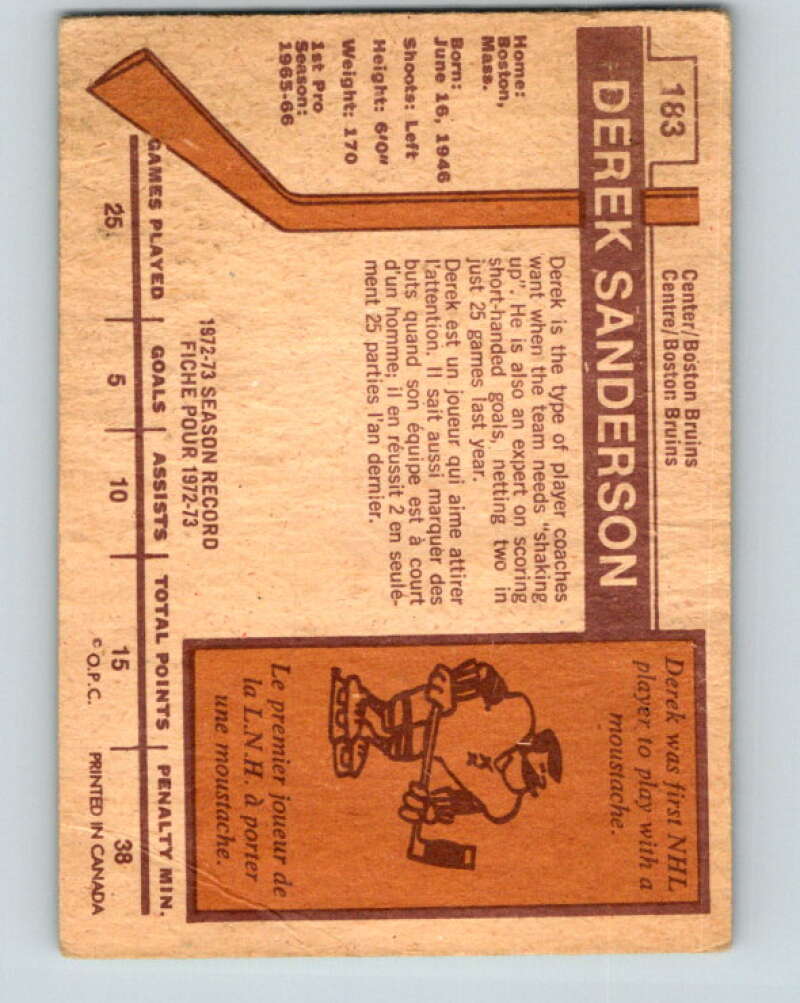 1973-74 O-Pee-Chee #183 Derek Sanderson  Boston Bruins  V8509
