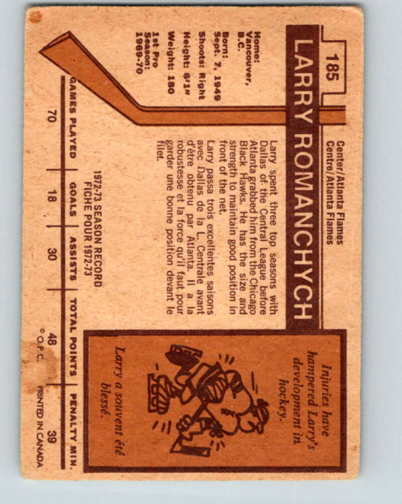 1973-74 O-Pee-Chee #185 Larry Romanchych  RC Rookie Atlanta Flames  V8512