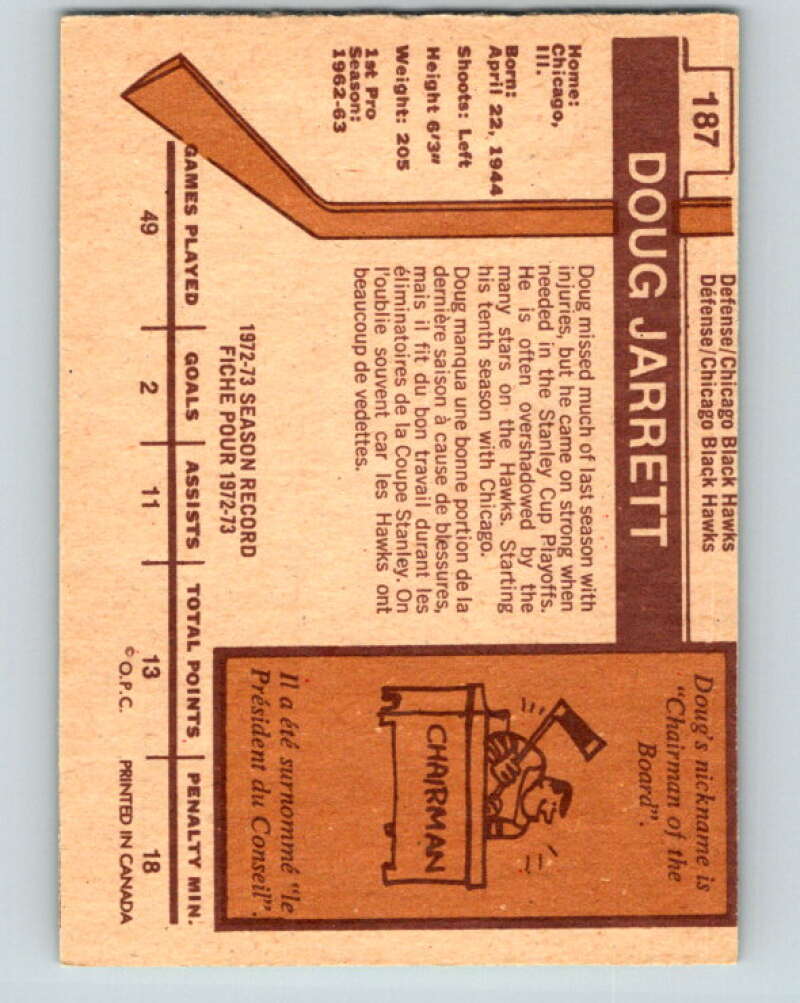 1973-74 O-Pee-Chee #187 Doug Jarrett  Chicago Blackhawks  V8515