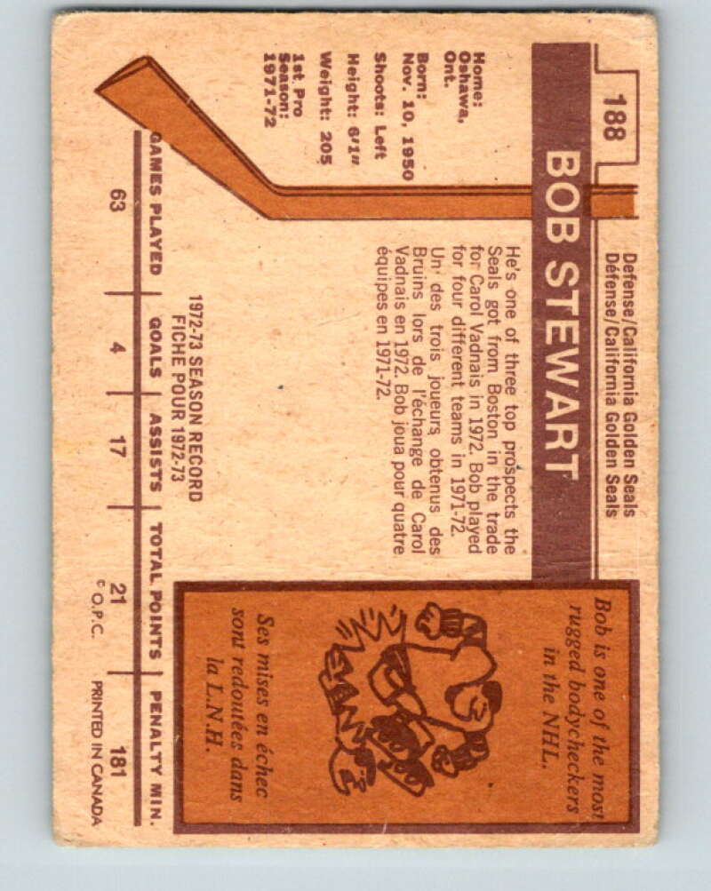 1973-74 O-Pee-Chee #188 Bob Stewart  RC Rookie California Golden Seals  V8516