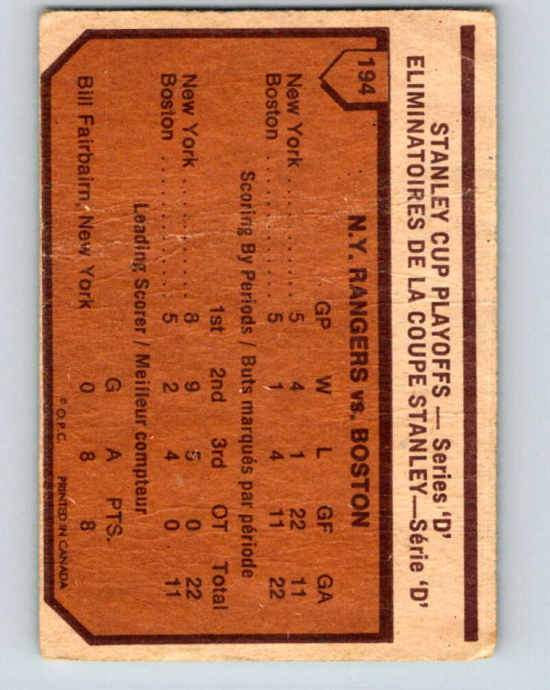 1973-74 O-Pee-Chee #194 Series D  Rangers/Bruins  V8528