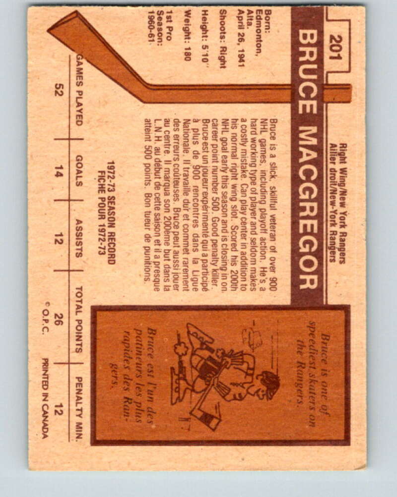 1973-74 O-Pee-Chee #201 Bruce MacGregor  New York Rangers  V8546