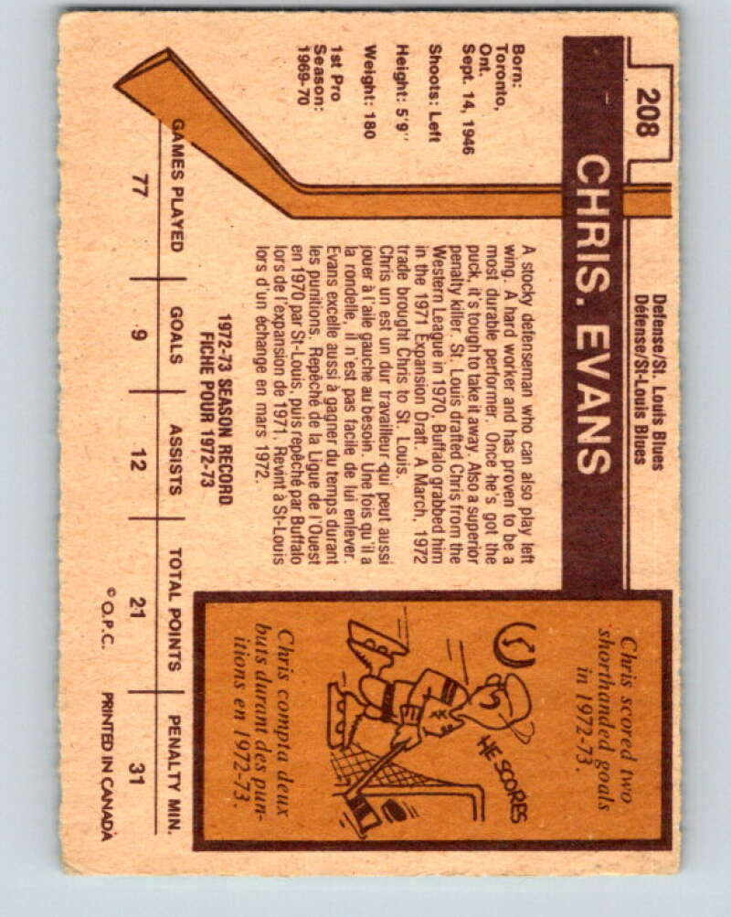 1973-74 O-Pee-Chee #208 Chris Evans  St. Louis Blues  V8557