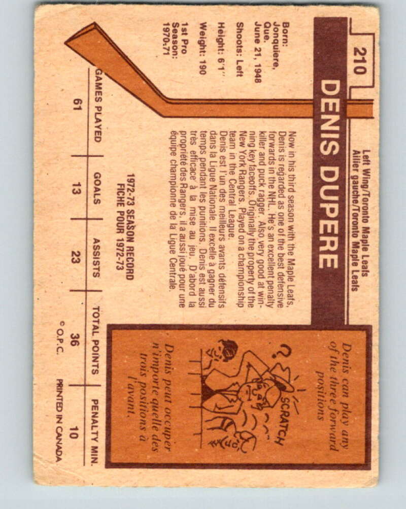 1973-74 O-Pee-Chee #210 Denis Dupere  Toronto Maple Leafs  V8561