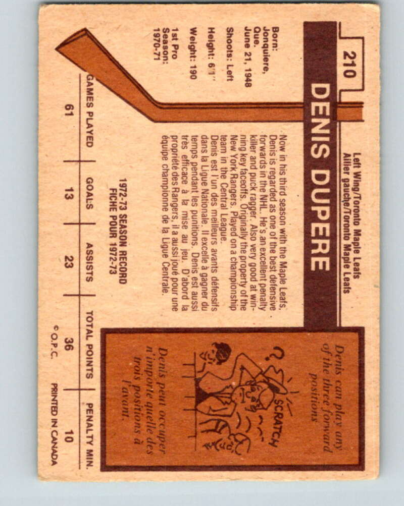 1973-74 O-Pee-Chee #210 Denis Dupere  Toronto Maple Leafs  V8564