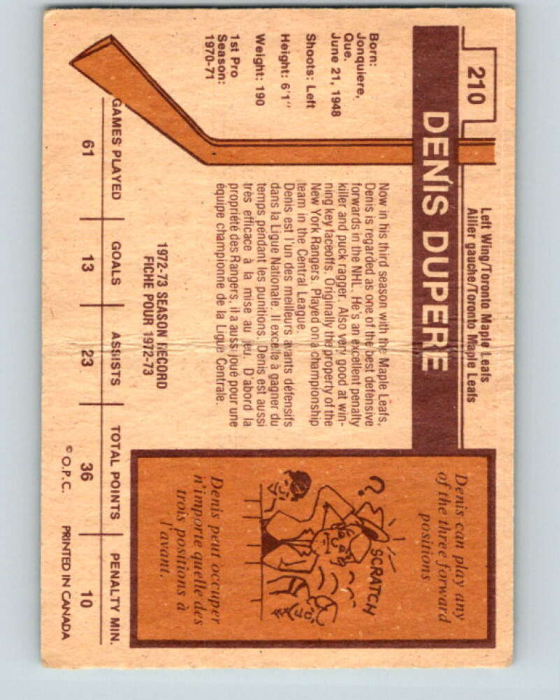 1973-74 O-Pee-Chee #210 Denis Dupere  Toronto Maple Leafs  V8567