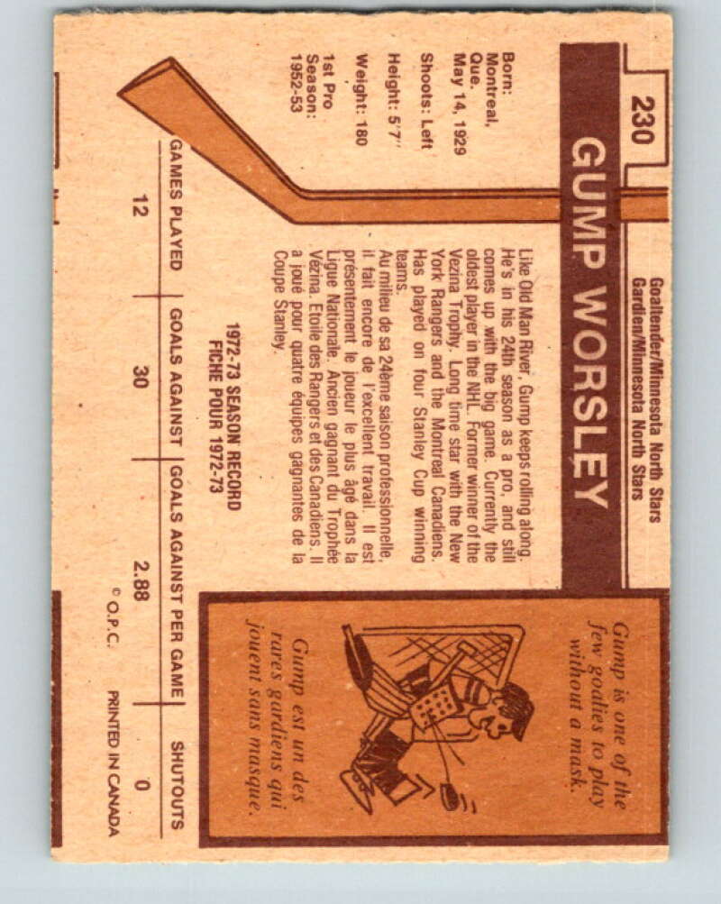 1973-74 O-Pee-Chee #230 Gump Worsley  Minnesota North Stars  V8595