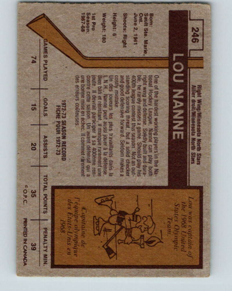 1973-74 O-Pee-Chee #246 Lou Nanne  Minnesota North Stars  V8626
