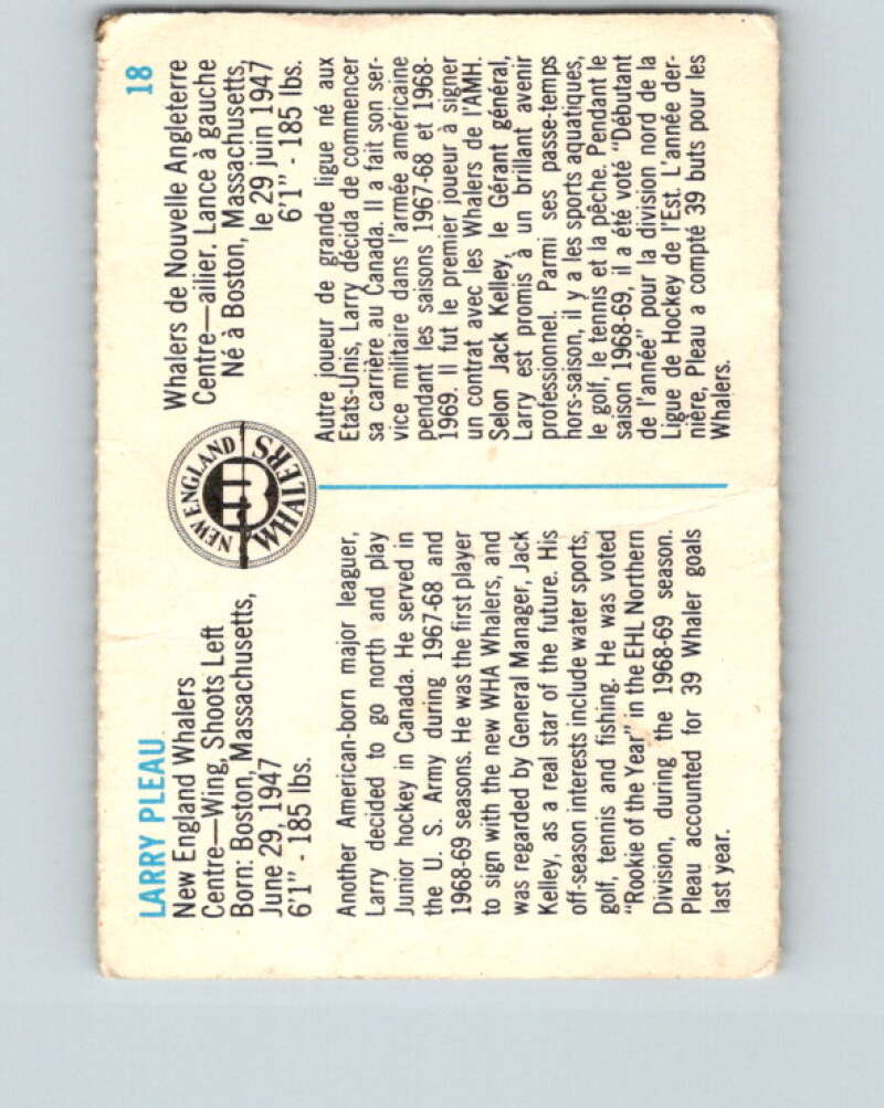 1973-74 Quaker Oats WHA #18 Larry Pleau  New England Whalers  V8913