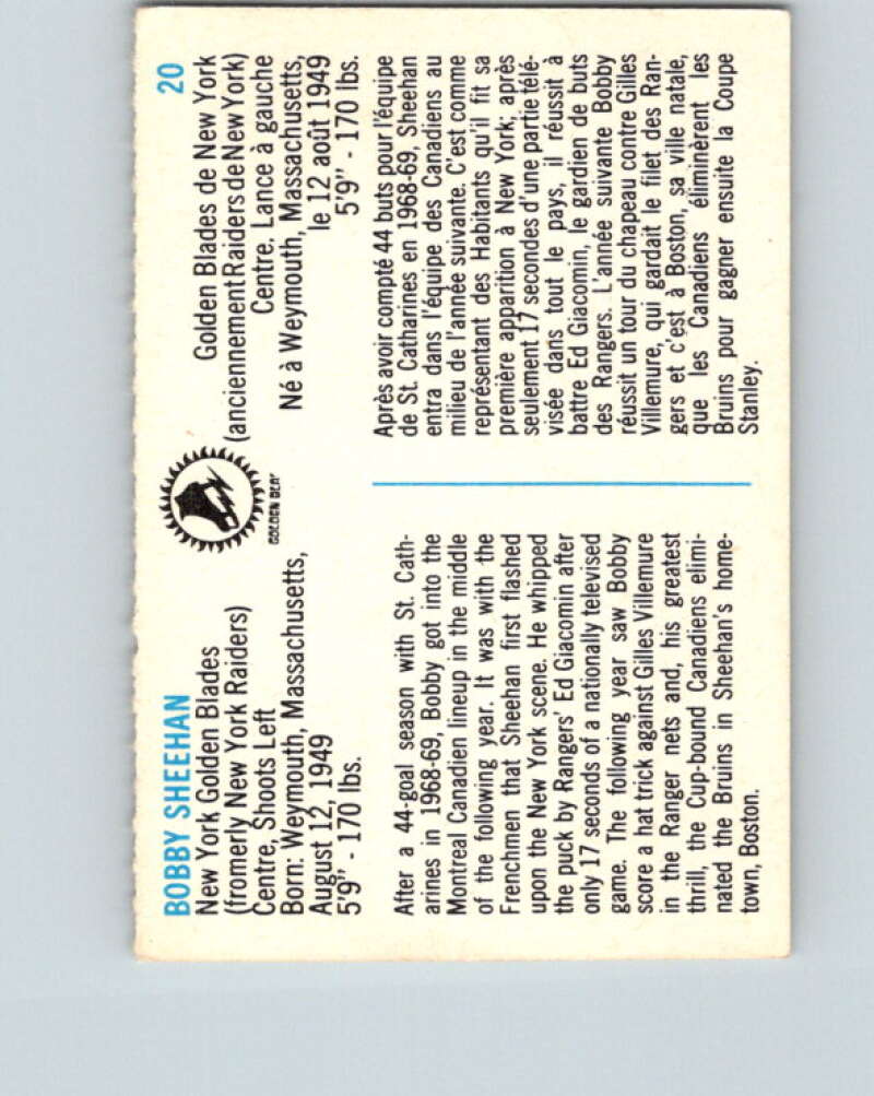 1973-74 Quaker Oats WHA #20 Bobby Sheehan New York  V8915
