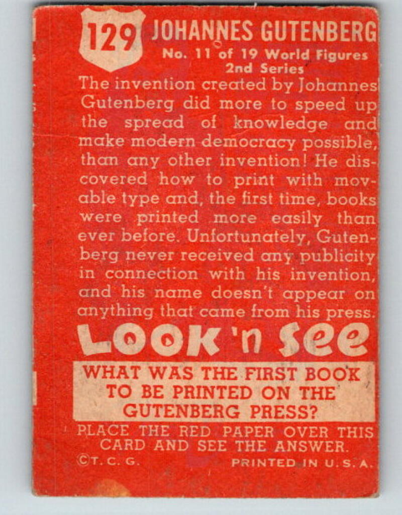 1952 Topps Look 'n See #129 Johannes Gutenberg Vintage Card V8965