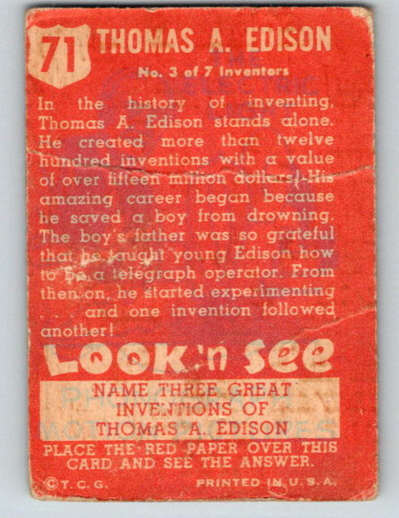 1952 Topps Look 'n See #71 Thomas A. Edison Vintage Card V8972