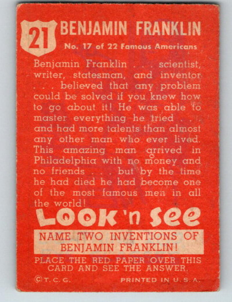 1952 Topps Look 'n See #21 Benjamin Franklin Vintage Card V8981