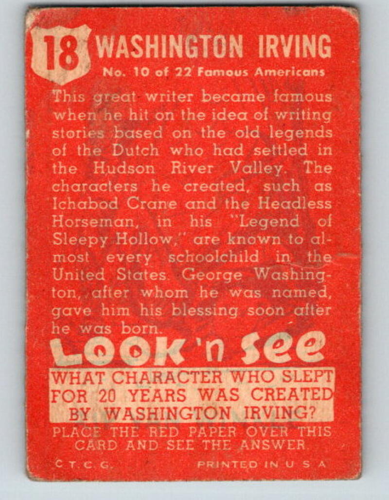 1952 Topps Look 'n See #18 Washington Irving Vintage Card V8983