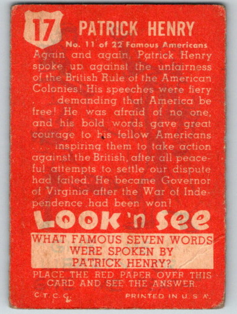 1952 Topps Look 'n See #17 Patrick Henry Vintage Card V8984