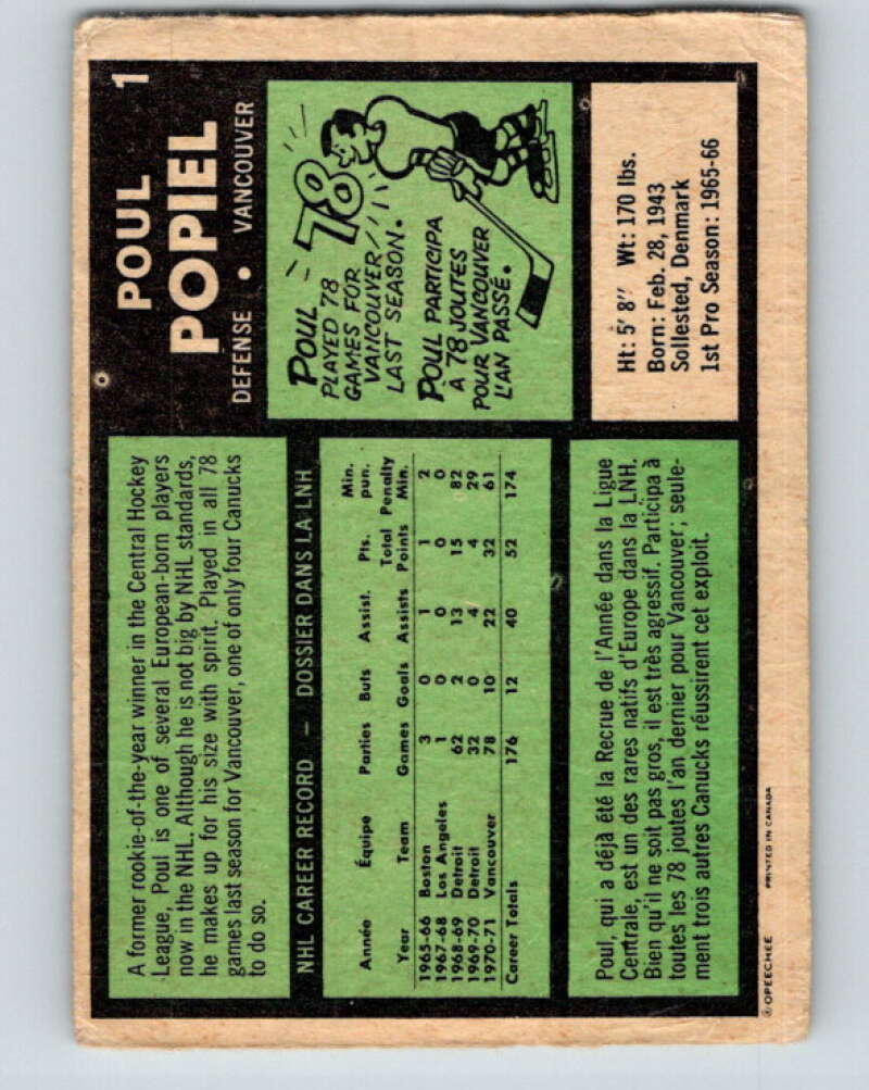 1971-72 O-Pee-Chee #1 Poul Popiel  Vancouver Canucks  V8987