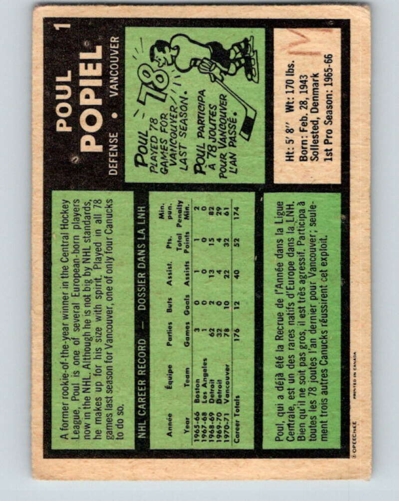 1971-72 O-Pee-Chee #1 Poul Popiel  Vancouver Canucks  V8989