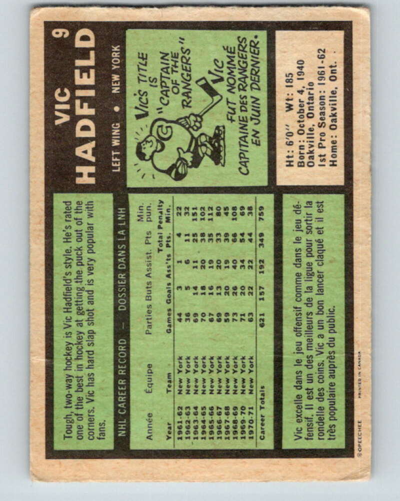 1971-72 O-Pee-Chee #9 Vic Hadfield  New York Rangers  V9002