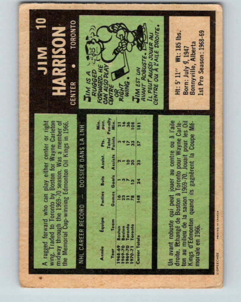 1971-72 O-Pee-Chee #10 Jim Harrison  Toronto Maple Leafs  V9005