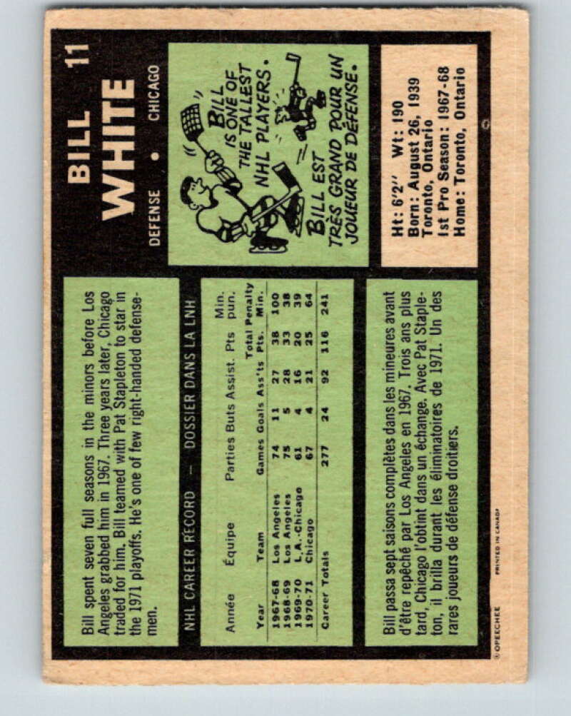 1971-72 O-Pee-Chee #11 Bill White  Chicago Blackhawks  V9008