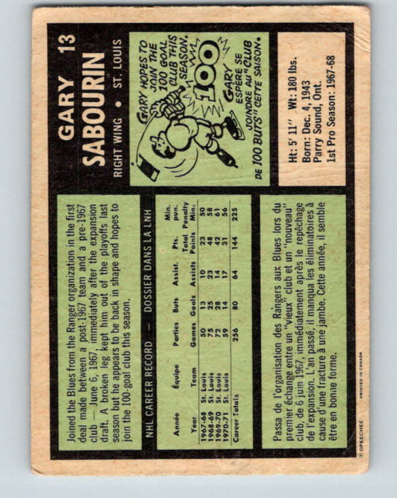 1971-72 O-Pee-Chee #13 Gary Sabourin  St. Louis Blues  V9014