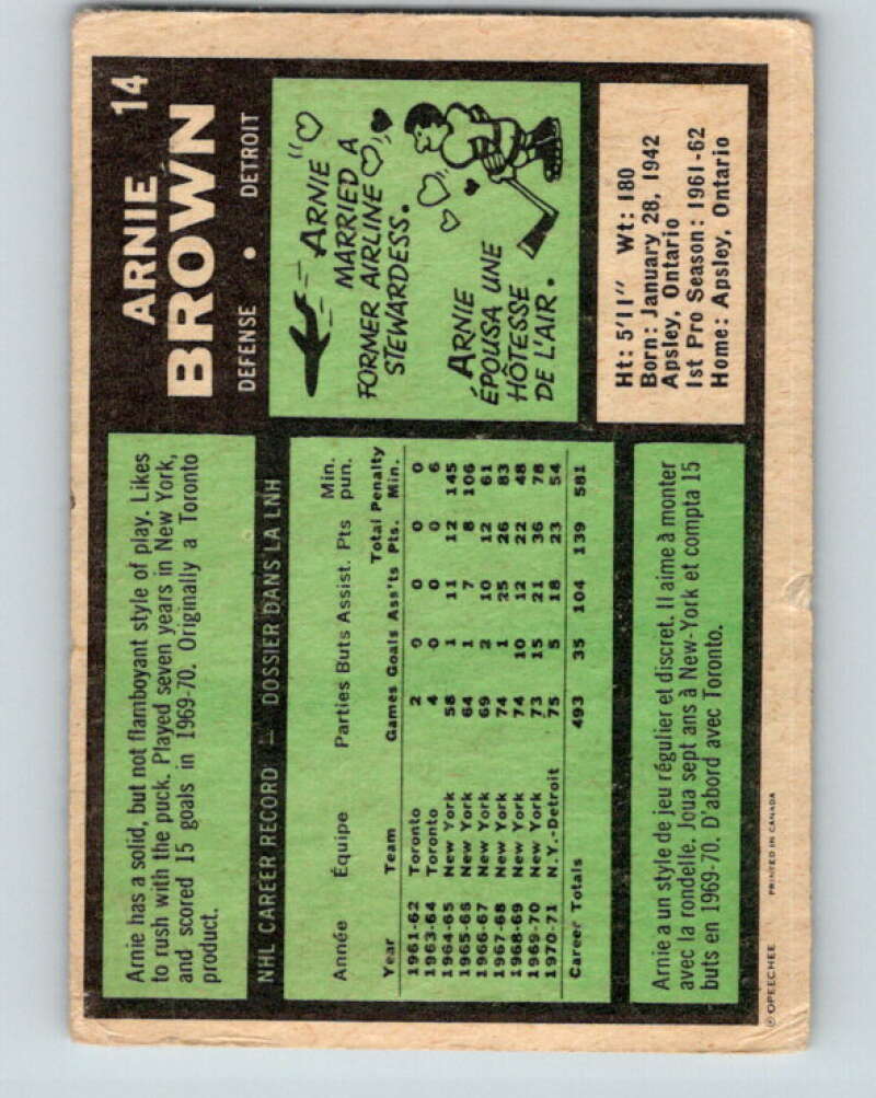 1971-72 O-Pee-Chee #14 Arnie Brown  Detroit Red Wings  V9015