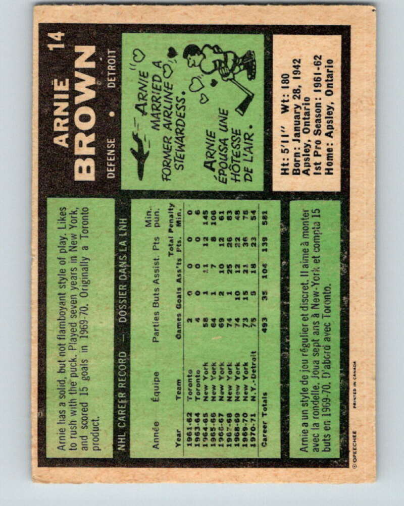 1971-72 O-Pee-Chee #14 Arnie Brown  Detroit Red Wings  V9017