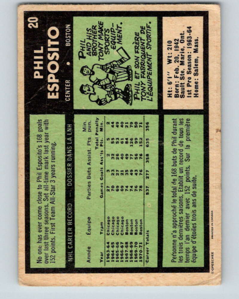 1971-72 O-Pee-Chee #20 Phil Esposito  Boston Bruins  V9030