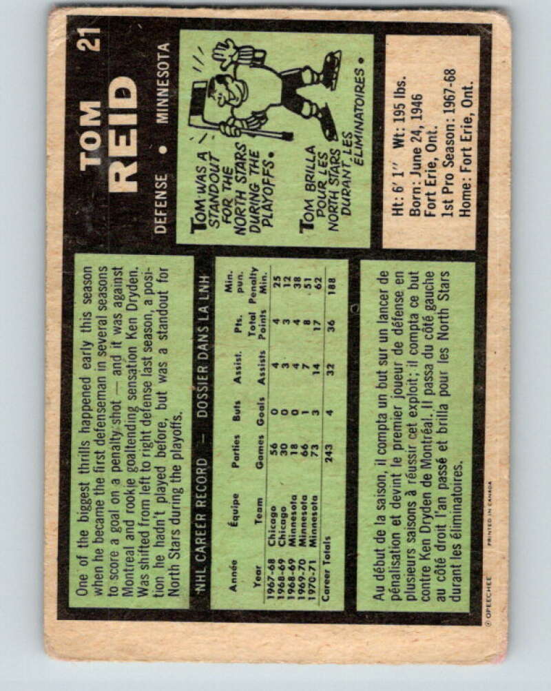 1971-72 O-Pee-Chee #21 Tom Reid  Minnesota North Stars  V9036