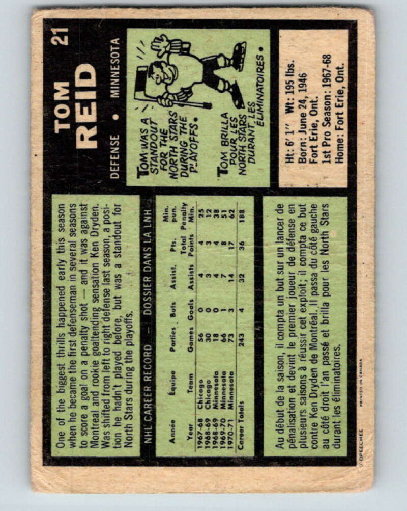 1971-72 O-Pee-Chee #21 Tom Reid  Minnesota North Stars  V9037