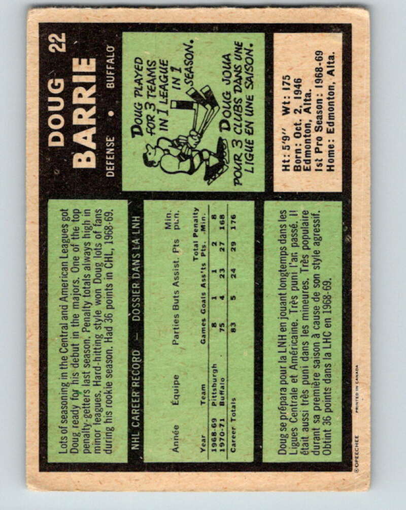 1971-72 O-Pee-Chee #22 Doug Barrie  RC Rookie Buffalo Sabres  V9040