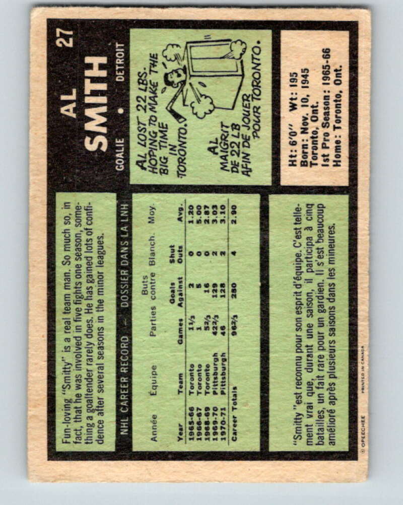 1971-72 O-Pee-Chee #27 Al Smith  Detroit Red Wings  V9054