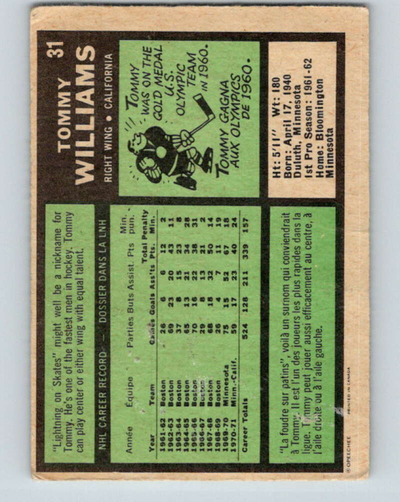 1971-72 O-Pee-Chee #31 Tom Williams  California Golden Seals  V9064