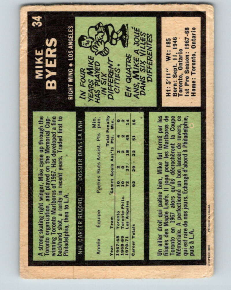 1971-72 O-Pee-Chee #34 Mike Byers  Los Angeles Kings  V9068