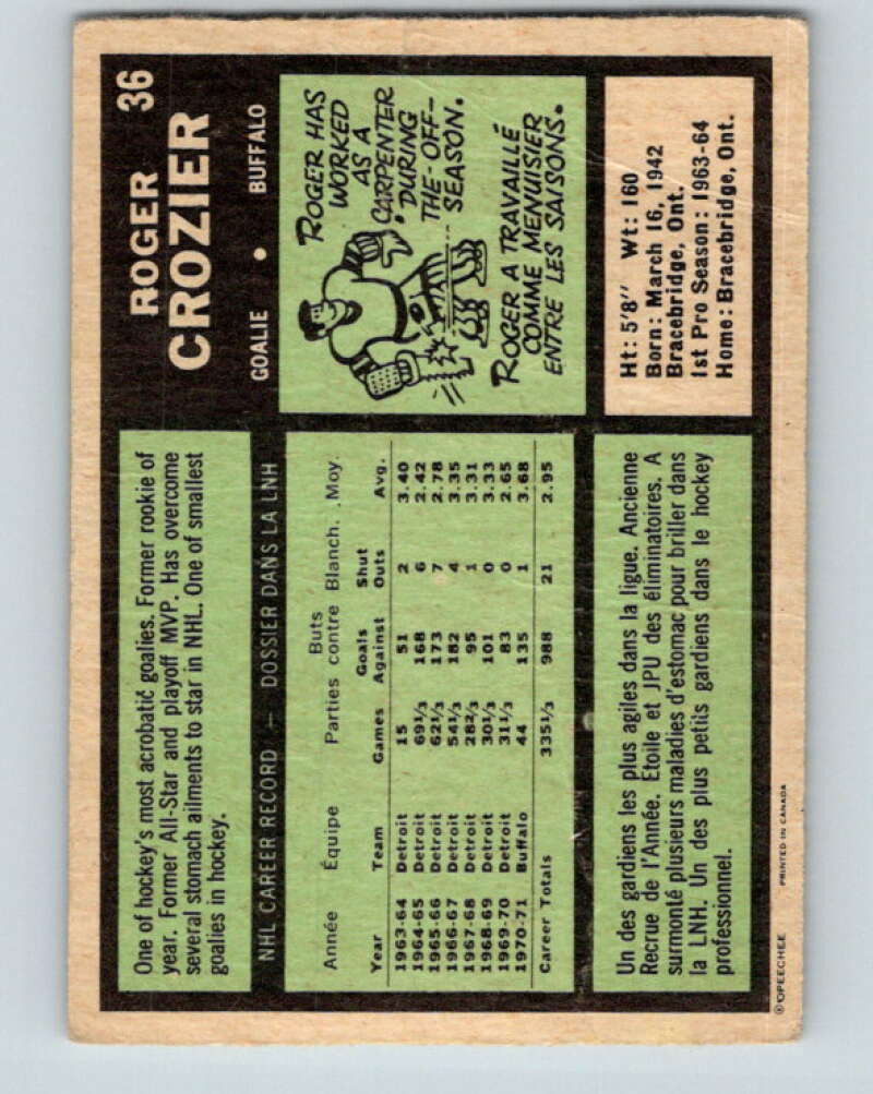 1971-72 O-Pee-Chee #36 Roger Crozier  Buffalo Sabres  V9076