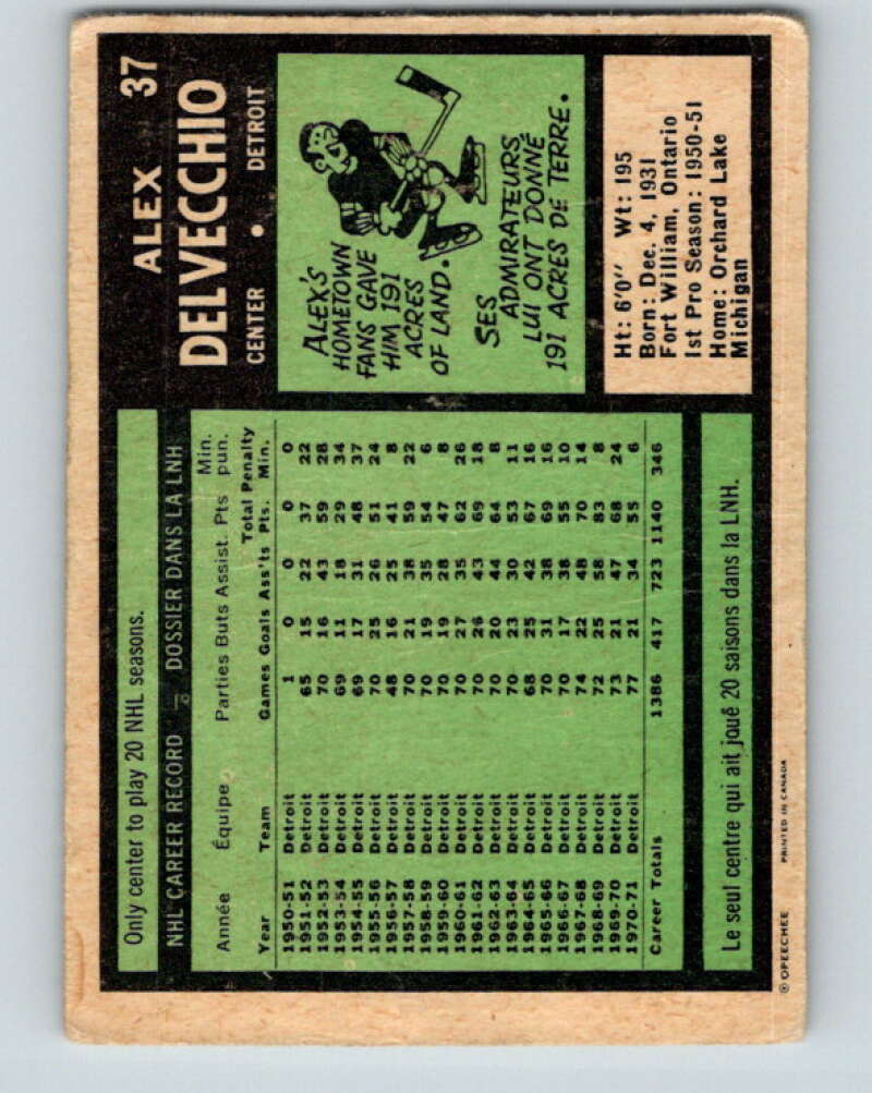 1971-72 O-Pee-Chee #37 Alex Delvecchio  Detroit Red Wings  V9078