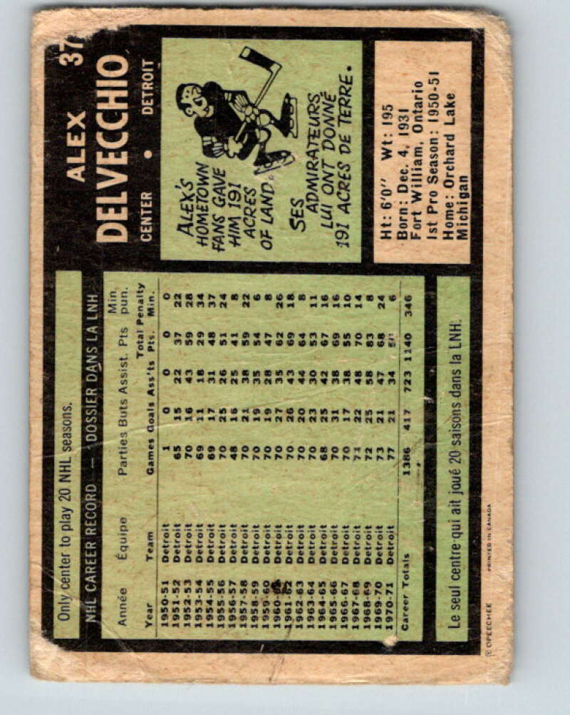 1971-72 O-Pee-Chee #37 Alex Delvecchio  Detroit Red Wings  V9079