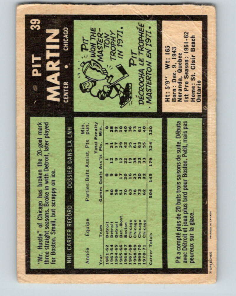 1971-72 O-Pee-Chee #39 Pit Martin  Chicago Blackhawks  V9083
