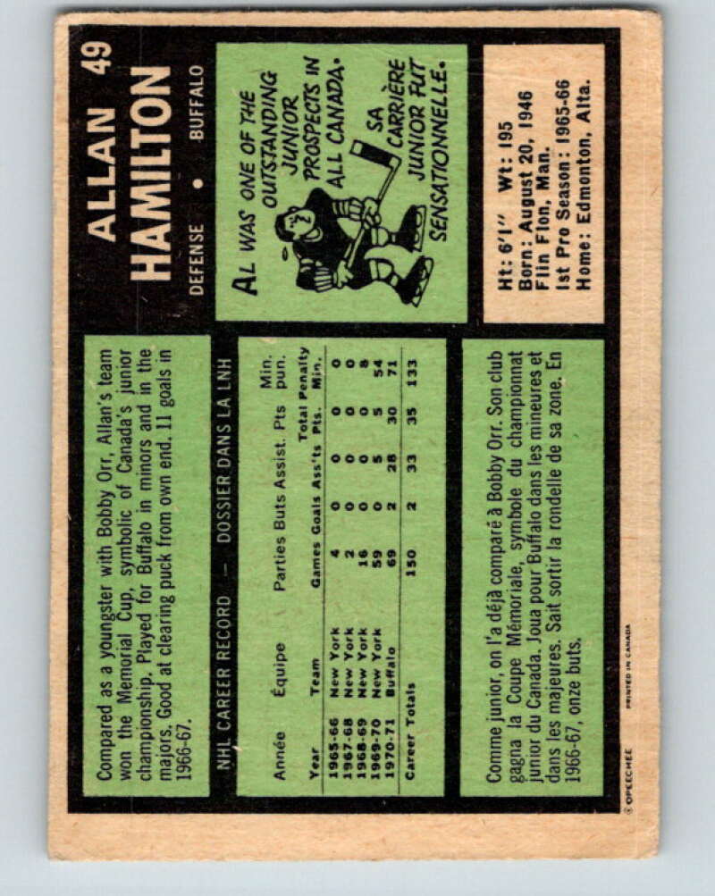 1971-72 O-Pee-Chee #49 Al Hamilton  Buffalo Sabres  V9113