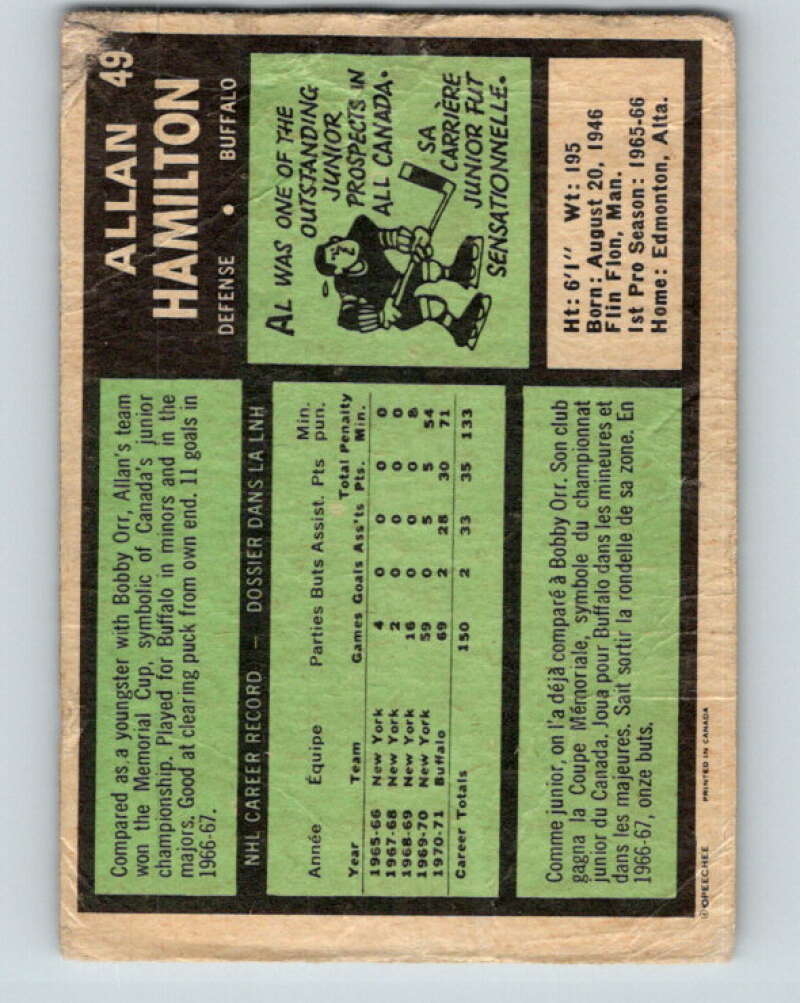 1971-72 O-Pee-Chee #49 Al Hamilton  Buffalo Sabres  V9114