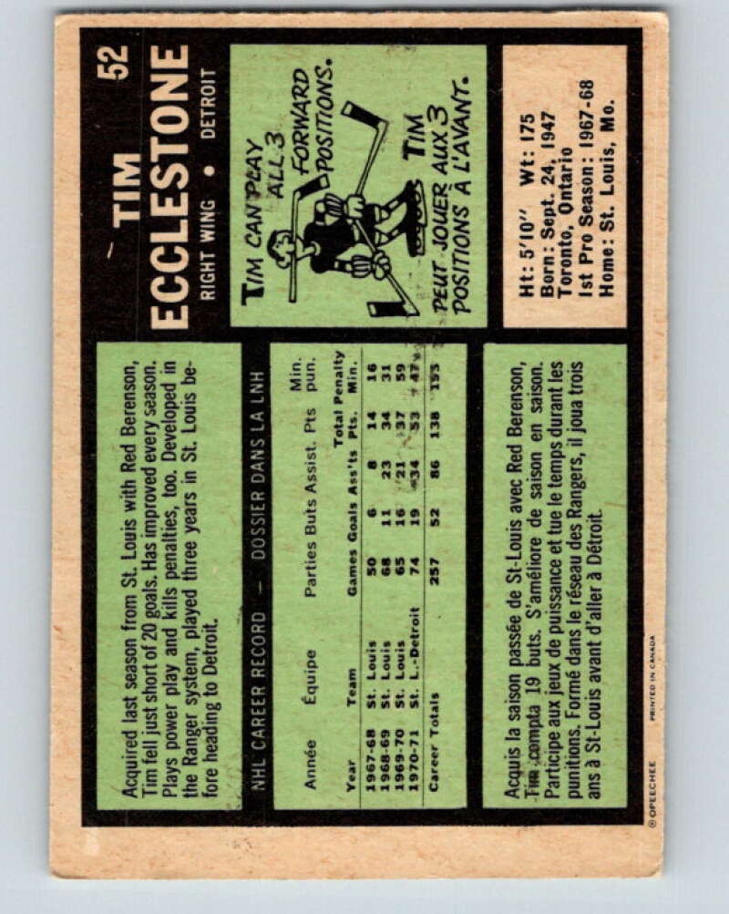 1971-72 O-Pee-Chee #52 Tim Ecclestone  Detroit Red Wings  V9120