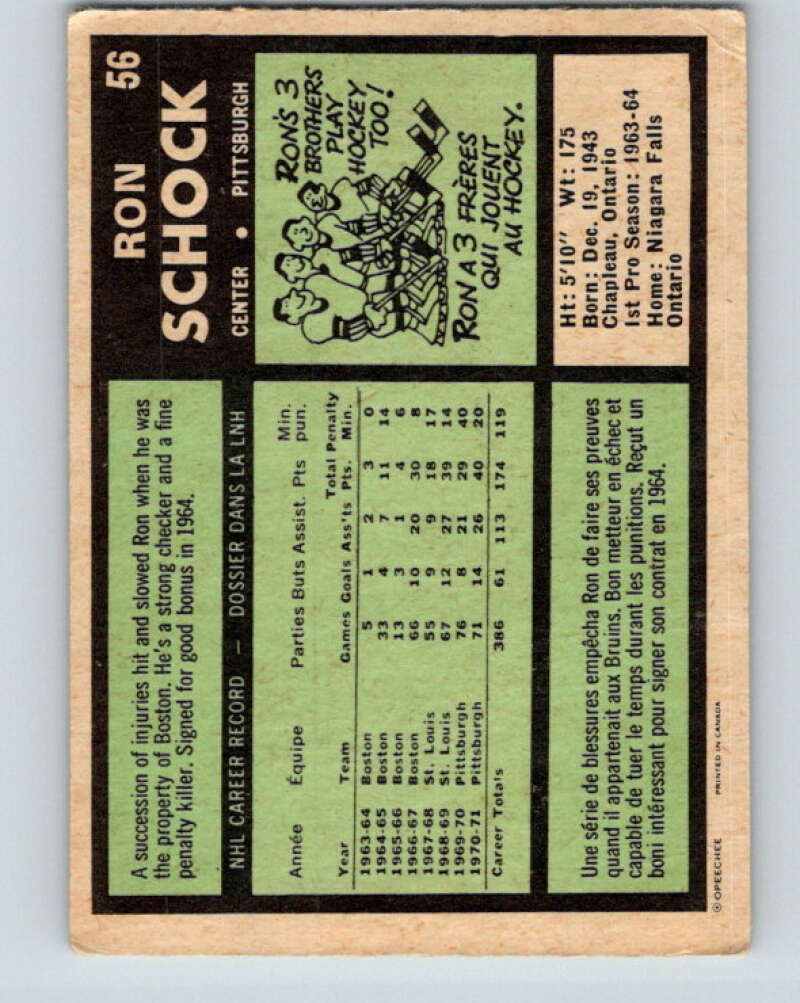 1971-72 O-Pee-Chee #56 Ron Schock  Pittsburgh Penguins  V9130