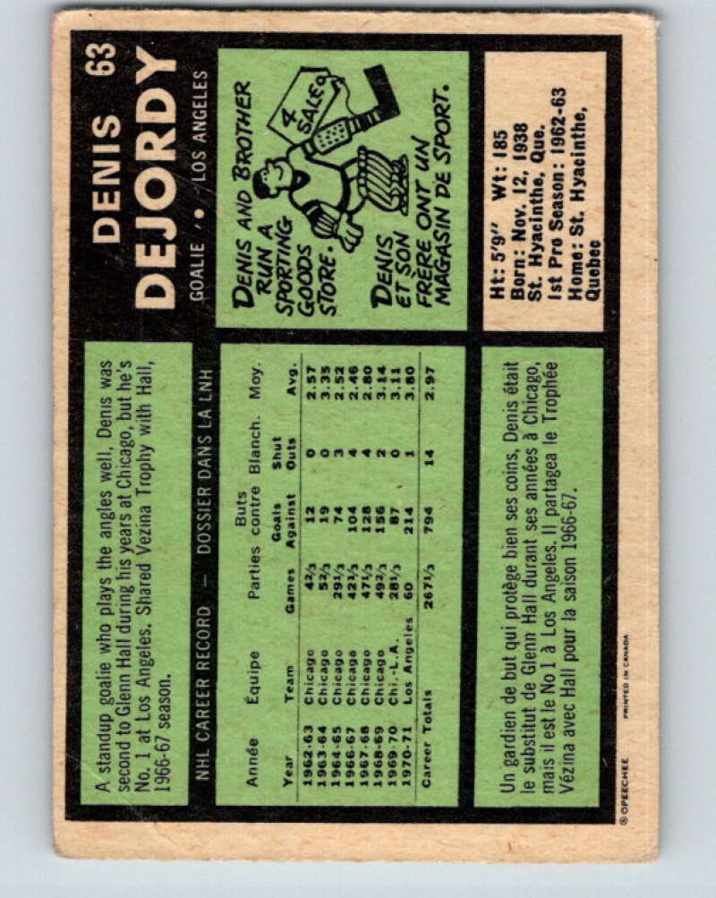 1971-72 O-Pee-Chee #63 Denis DeJordy  Los Angeles Kings  V9143