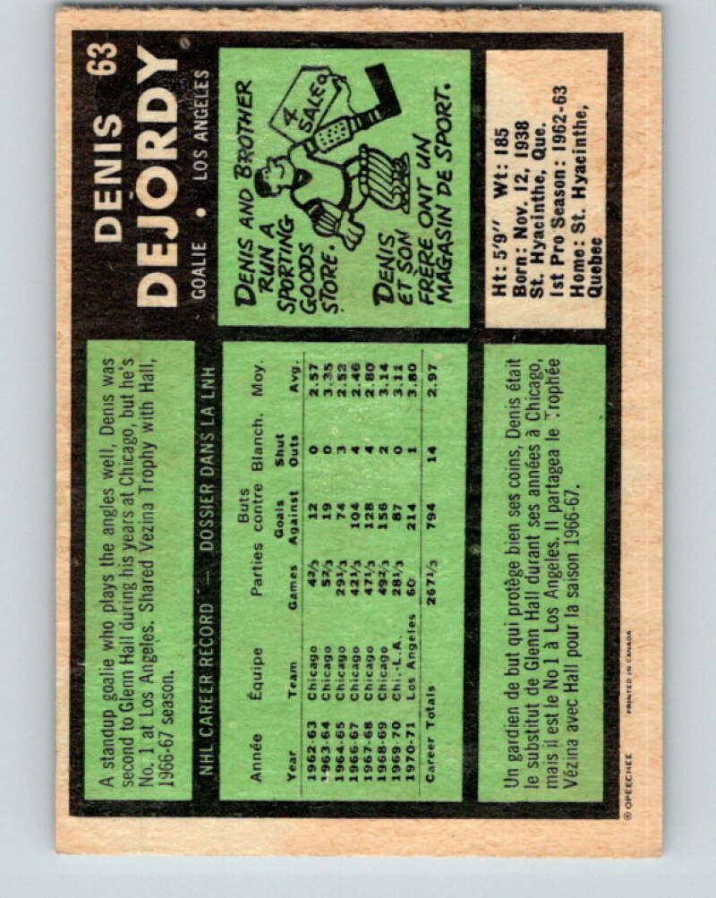 1971-72 O-Pee-Chee #63 Denis DeJordy  Los Angeles Kings  V9144