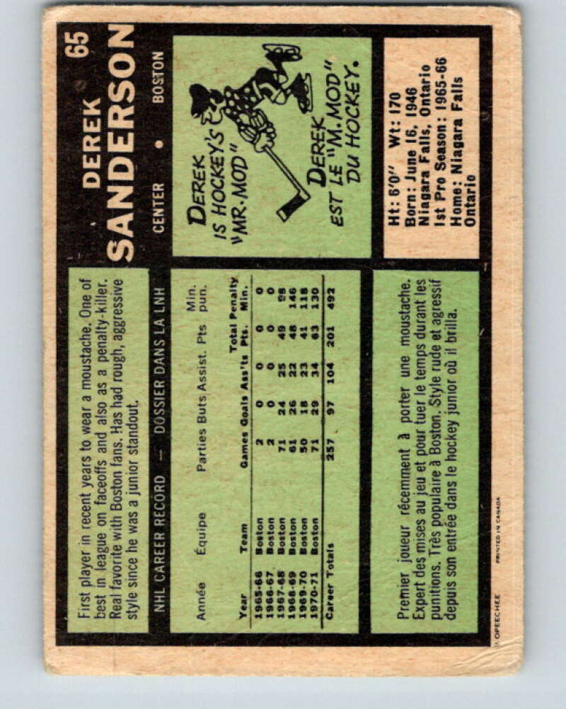 1971-72 O-Pee-Chee #65 Derek Sanderson  Boston Bruins  V9152