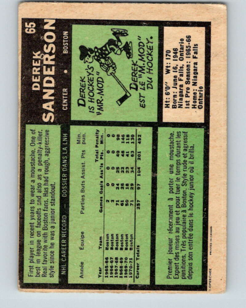 1971-72 O-Pee-Chee #65 Derek Sanderson  Boston Bruins  V9153