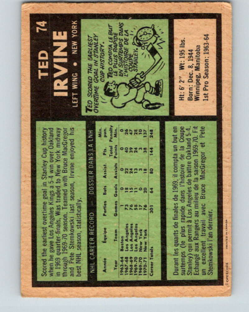 1971-72 O-Pee-Chee #74 Ted Irvine  New York Rangers  V9179